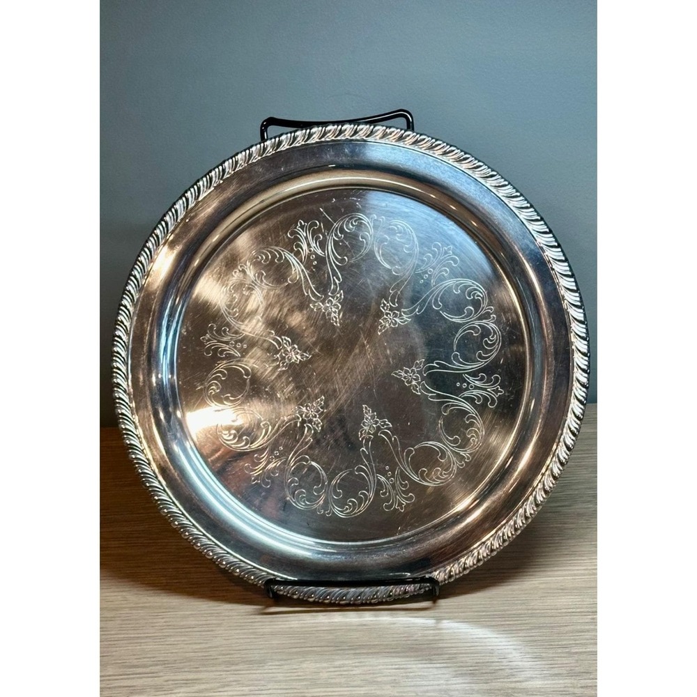 Oneida Vintage Silverplate Round Serving Tray Engraved Scroll Design 10"